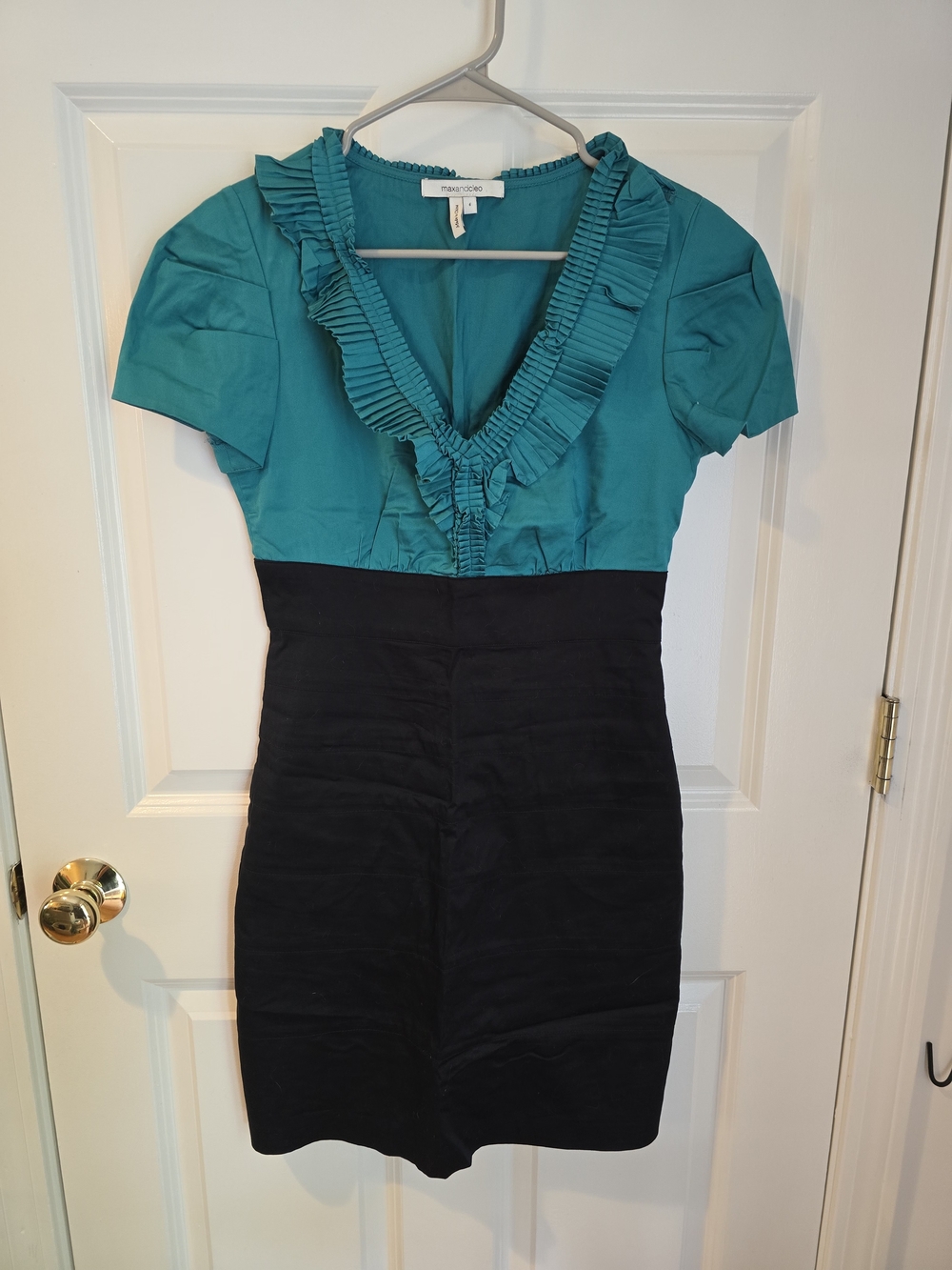 Teal and Black Ruffled V-Neck Sheath Dress